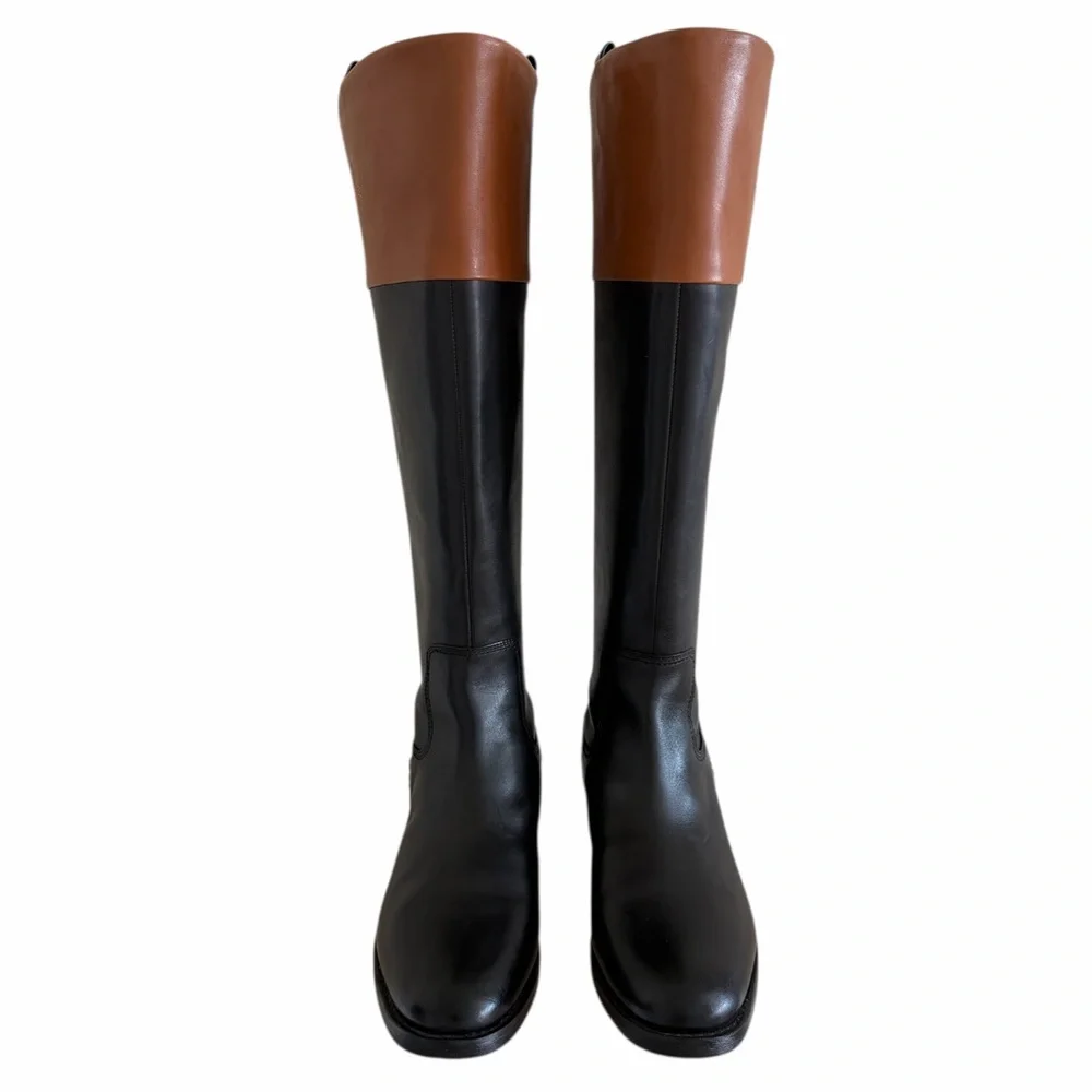 Franco Sarto Meyer Knee High Black Brown Tall Leather Riding Boots Size 10 NWOB